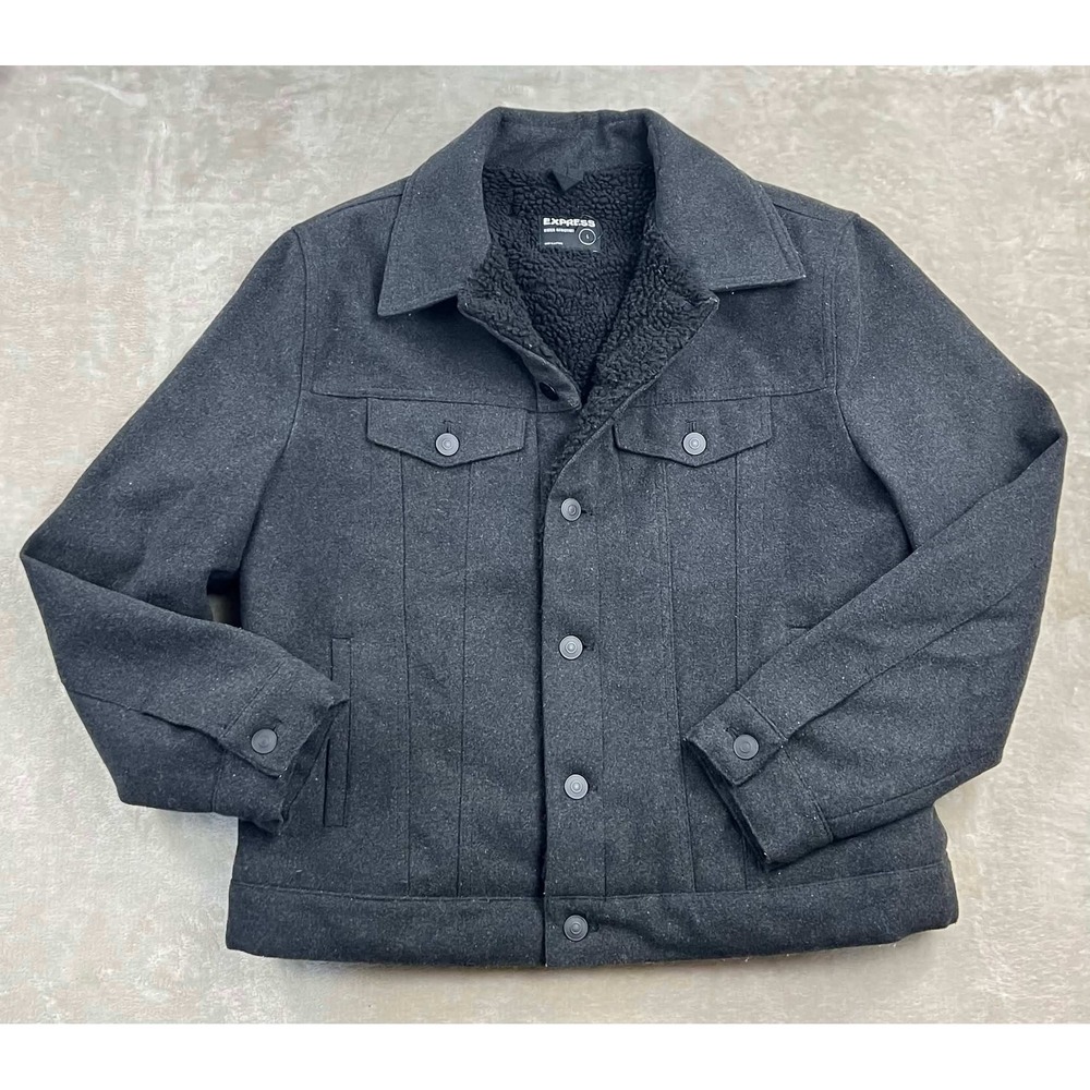 Express Mens Water Resistant Sherpa Lined Wool Blend Trucker Jacket Gray Large
